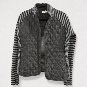 Akini Quilted Lambswool Knit Jacket Black Gray Striped Sleeves Zip Front Size L